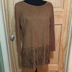 INC International Concepts Tan Faux Suede Fringe Tunic Sz L